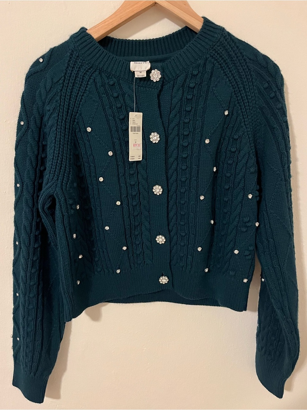 Maeve Teal Cable-Knit Cardigan with Pearl & Crystal Buttons
